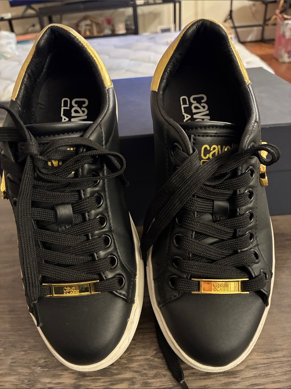 Cavalli Class Black Sneakers with Gold Heel Detail